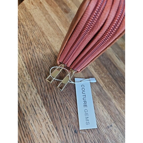 NWT Gold Stud Tan Leather Dbl Zip Around Wallet 10 Card Holder 8x5 Couture Gems - Picture 6 of 6